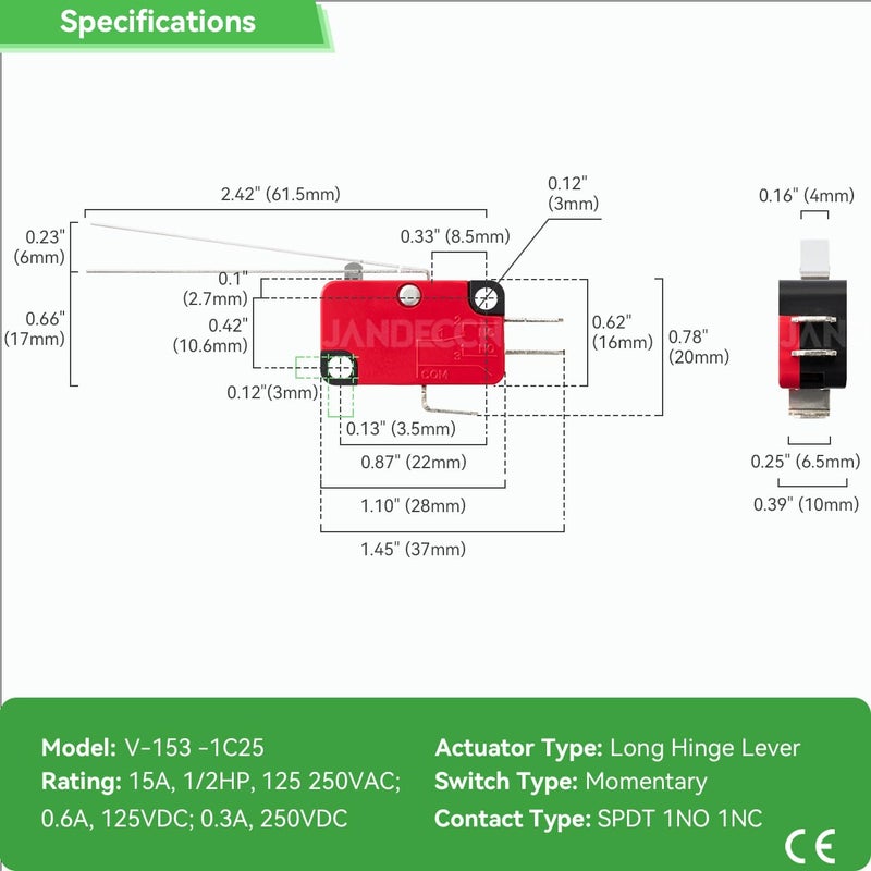 JANDECCN 10 قطع مفتاح حد رصاصي طويل مع ذراع مفصلي مستقيم، SPDT 1NO 1NC مفتاح ميكرو سريع العمل V-153-1C25 - Image 5
